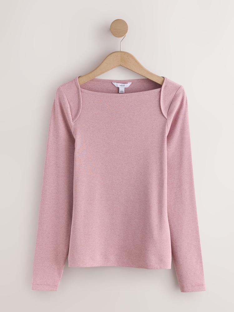 Pink Long Sleeve Ribbed Crew Neck Top - Image 1 of 3