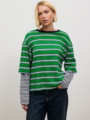 Green Stripe Relaxed Fit Layered Long Sleeve T-Shirt - Image 1 of 5