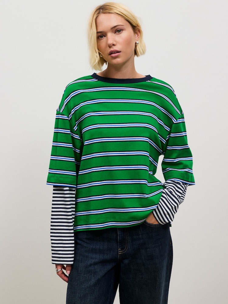 Green Stripe Relaxed Fit Layered Long Sleeve T-Shirt - Image 1 of 5 Green Stripe Relaxed Fit Layered Long Sleeve T-Shirt - Image 1 of 5