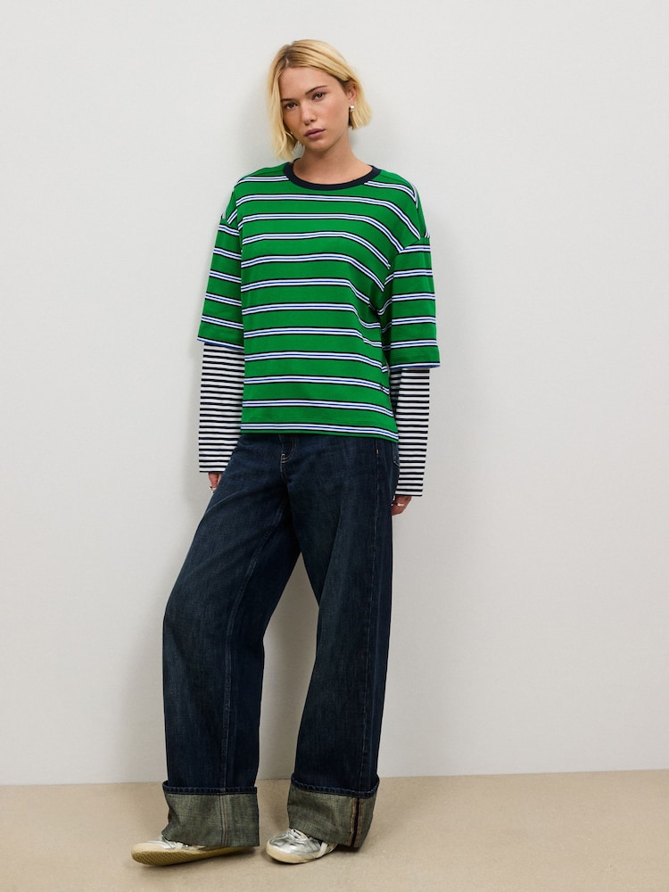 Green Stripe Relaxed Fit Layered Long Sleeve T-Shirt - Image 2 of 5 Green Stripe Relaxed Fit Layered Long Sleeve T-Shirt - Image 2 of 5