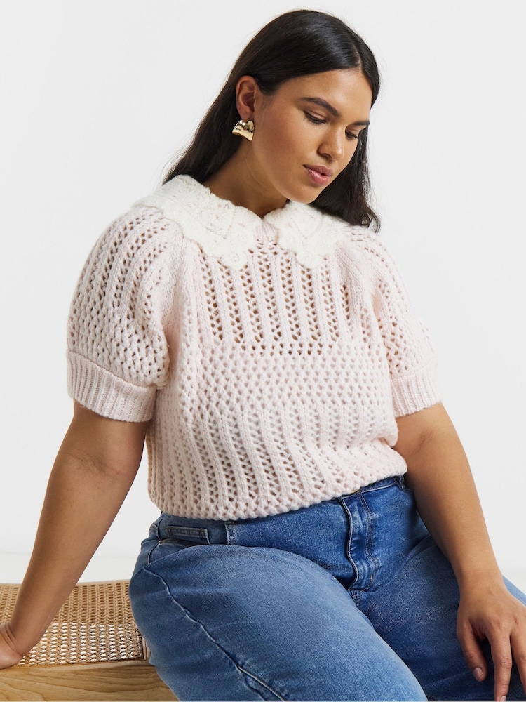 Simply Be Pink Pointelle Collar Puff Sleeve Jumper - Image 1 of 4