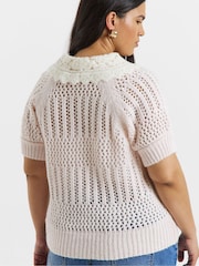 Simply Be Pink Pointelle Collar Puff Sleeve Jumper - Image 2 of 4