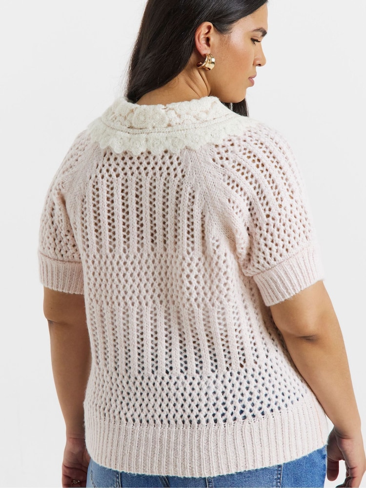 Simply Be Pink Pointelle Collar Puff Sleeve Jumper - Image 2 of 4