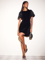 Friends Like These Black Sequin Puff Sleeve Velvet Mini Dress - Image 1 of 6