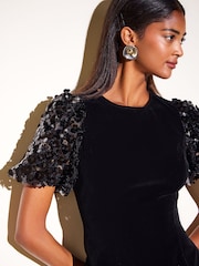 Friends Like These Black Sequin Puff Sleeve Velvet Mini Dress - Image 2 of 6