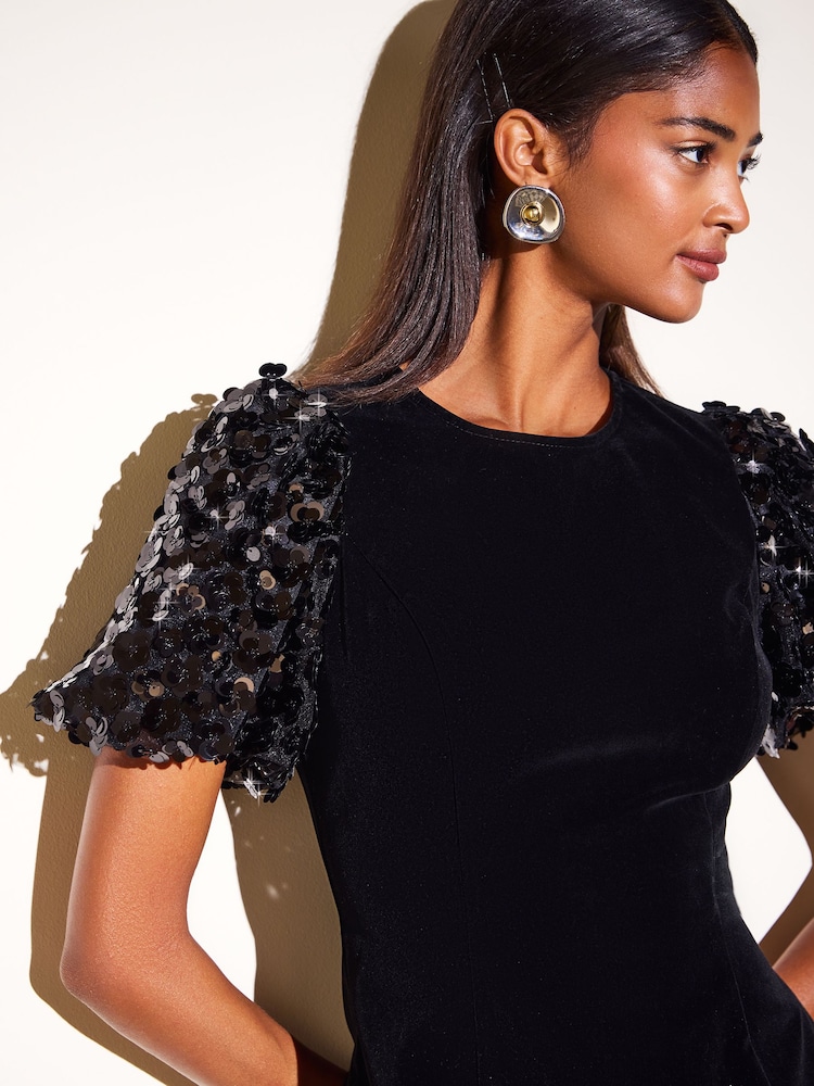 Friends Like These Black Sequin Puff Sleeve Velvet Mini Dress - Image 2 of 6