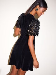 Friends Like These Black Sequin Puff Sleeve Velvet Mini Dress - Image 6 of 6