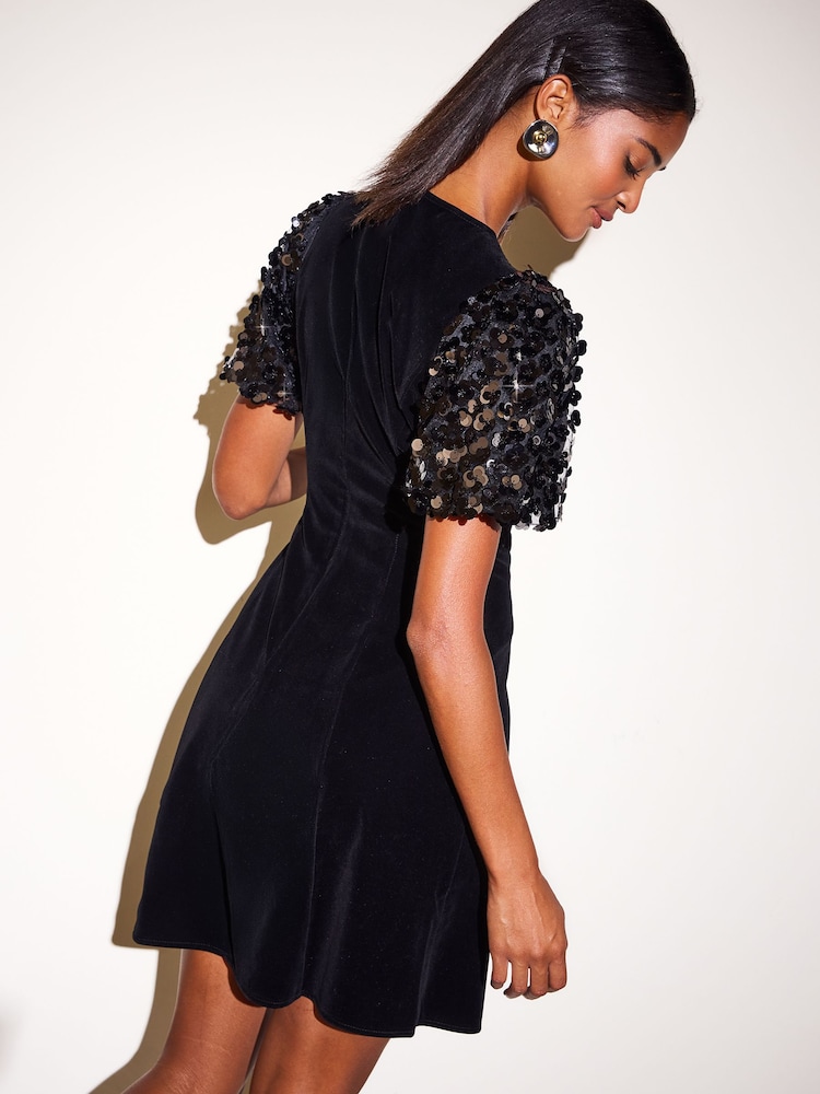 Friends Like These Black Sequin Puff Sleeve Velvet Mini Dress - Image 6 of 6