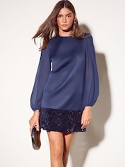 Navy - Friends Like These Satin Long Sleeve may sequins Hem Mini Dress - Larawan 1 ng 6