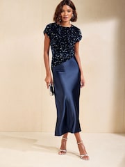 Marin - Friends Like These Asymmetric Sequin Satin Midi Dress - Bild 1 av 5