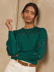 Love & Roses Teal Blue Broderie Piecrust Long Sleeve Top - Image 1 of 4