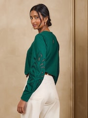 Love & Roses Teal Blue Broderie Piecrust Long Sleeve Top - Image 4 of 4