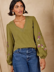 Love & Roses Lime Green Embroidered Sleeve V-Neck Top - Image 1 of 4
