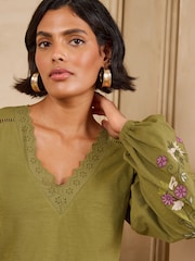 Love & Roses Lime Green Embroidered Sleeve V-Neck Top - Image 2 of 4