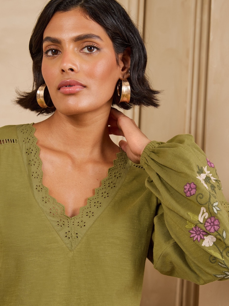 Love & Roses Lime Green Embroidered Sleeve V-Neck Top - Image 2 of 4