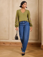 Love & Roses Lime Green Embroidered Sleeve V-Neck Top - Image 3 of 4