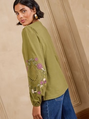 Love & Roses Lime Green Embroidered Sleeve V-Neck Top - Image 4 of 4