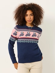FatFace Puffin Navy Fairisle Knitted Crew Neck Christmas Jumper - Image 1 of 5