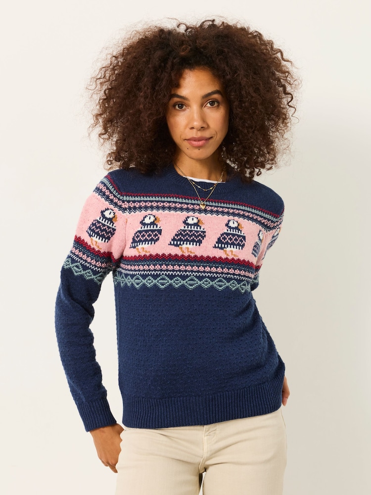FatFace Puffin Navy Fairisle Knitted Crew Neck Christmas Jumper - Image 1 of 5