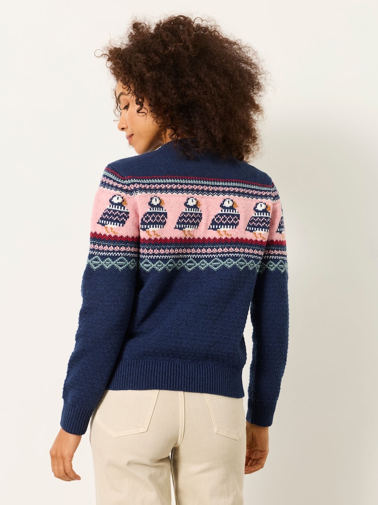 FatFace Puffin Navy Fairisle Knitted Crew Neck Christmas Jumper - Image 2 of 5