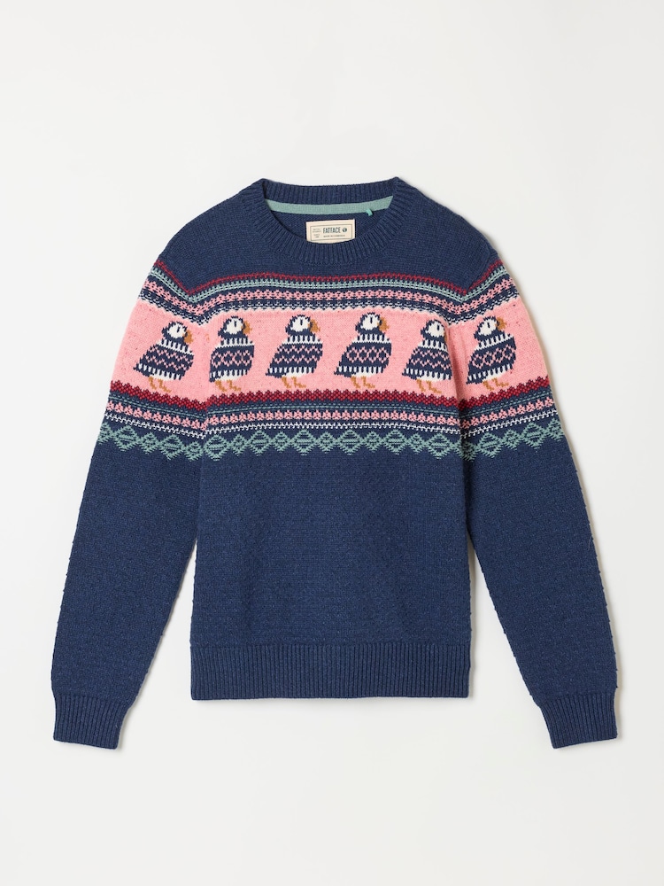 FatFace Puffin Navy Fairisle Knitted Crew Neck Christmas Jumper - Image 5 of 5