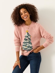 FatFace Pink Tree Graphic Crew Neck Christmas Jumper - Image 1 of 6