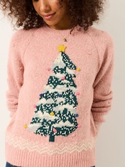 FatFace Pink Tree Graphic Crew Neck Christmas Jumper - Image 4 of 6