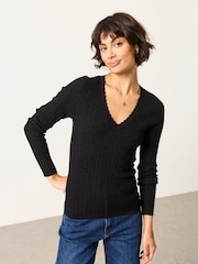 FatFace Mae Black Knitted Sparkle Vee Top - Image 1 of 5