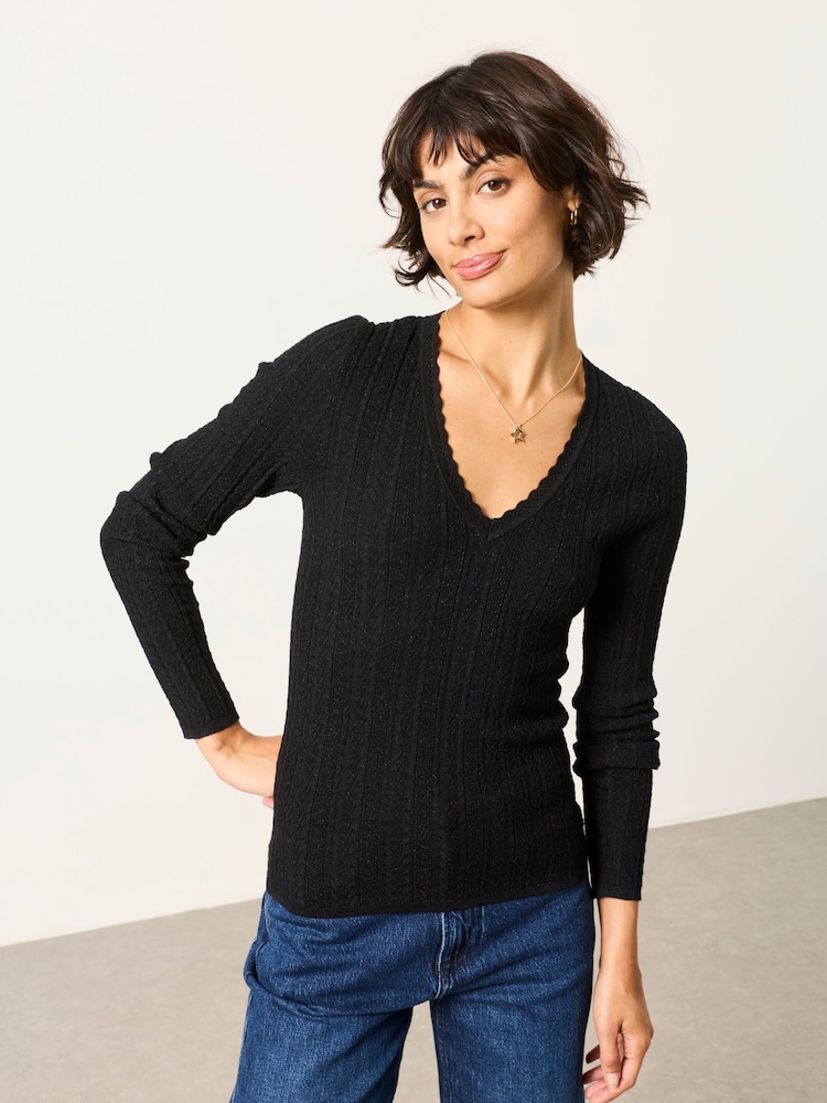 FatFace Mae Black Knitted Sparkle Vee Top - Image 1 of 5 FatFace Mae Black Knitted Sparkle Vee Top - Image 1 of 5