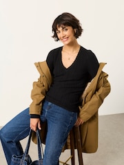 FatFace Mae Black Knitted Sparkle Vee Top - Image 3 of 5