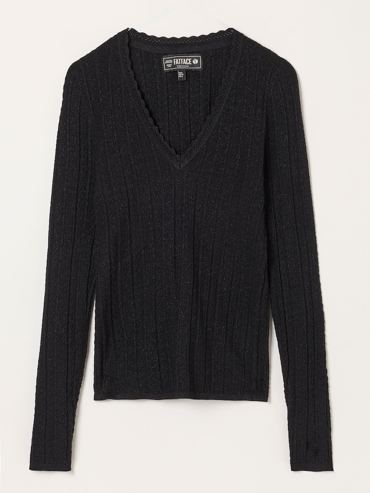 FatFace Mae Black Knitted Sparkle Vee Top - Image 5 of 5 FatFace Mae Black Knitted Sparkle Vee Top - Image 5 of 5