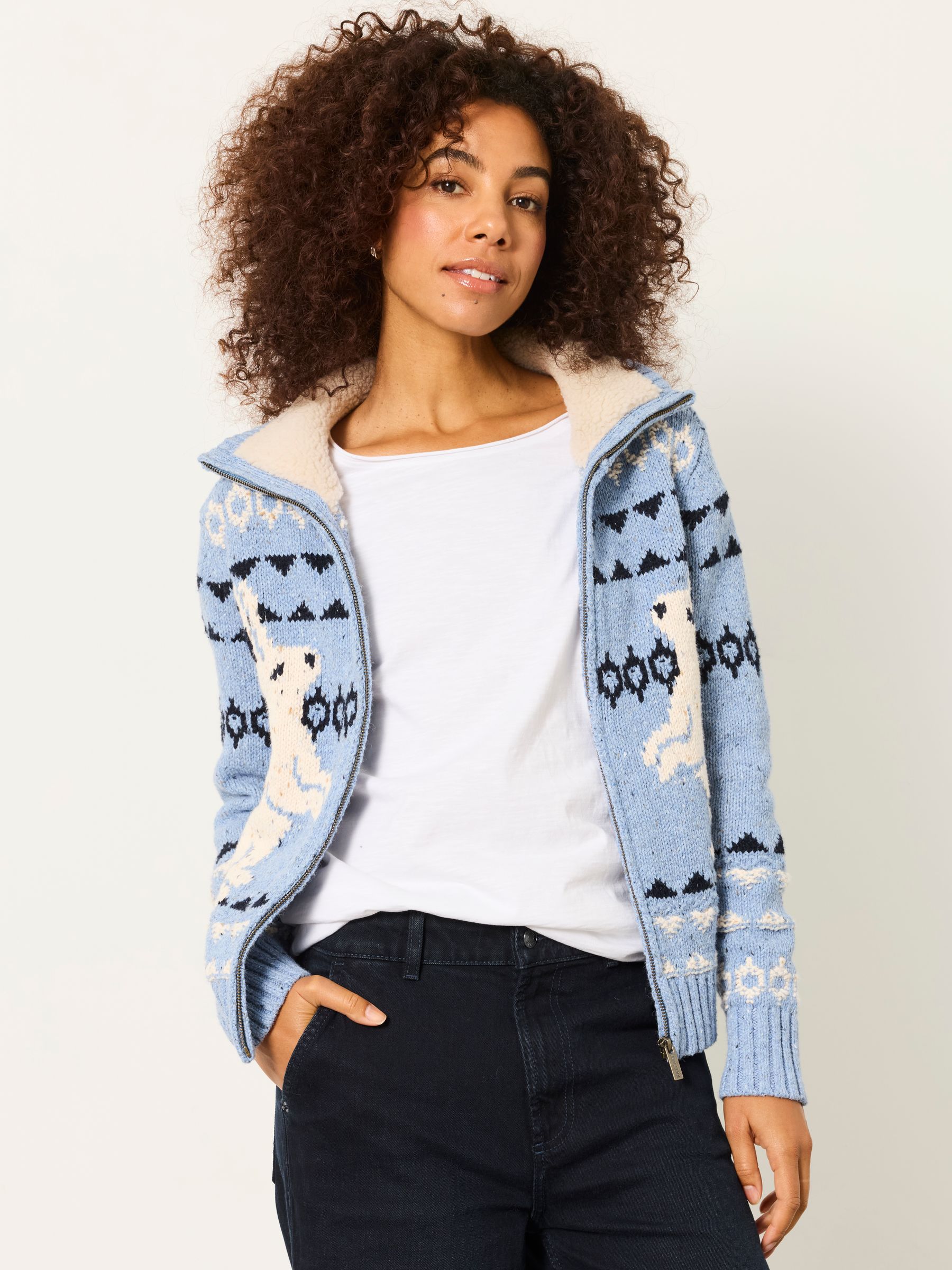 Fatface Pale Blue Rabbit Knitted Zip Through Cardigan