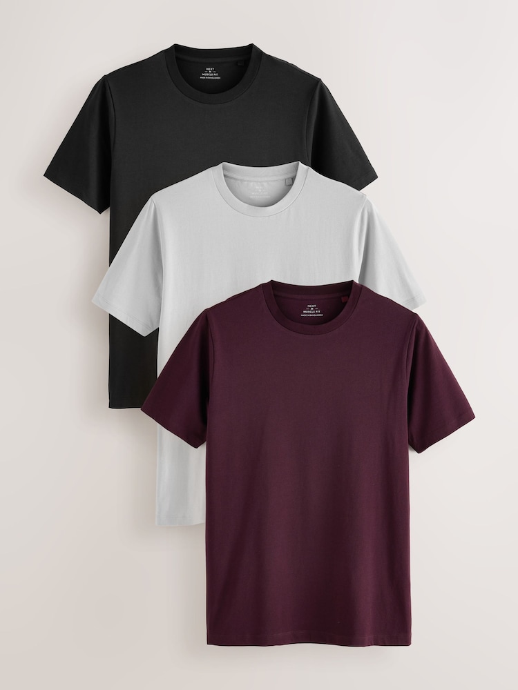 Red/Grey/Black Muscle Fit Essential T-Shirts 3 Pack - Image 1 of 9 Red/Grey/Black Muscle Fit Essential T-Shirts 3 Pack - Image 1 of 9