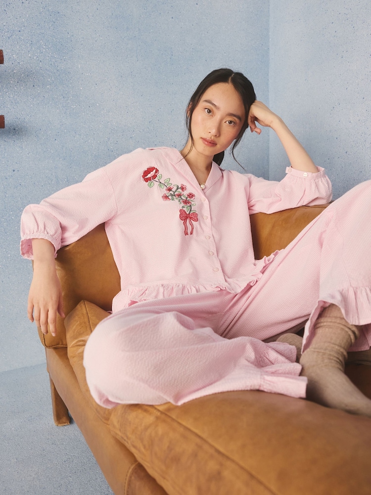 Cath Kidston Pink Stripe Flower Button Through Pyjamas Set - Image 1 of 1 Cath Kidston Pink Stripe Flower Button Through Pyjamas Set - Image 1 of 1