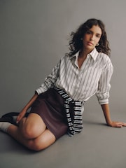 Ecru/Burgundy Stripe Cotton Sateen Long Sleeve Shirt - Image 1 of 8