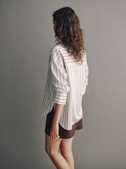 Ecru/Burgundy Stripe Cotton Sateen Long Sleeve Shirt - Image 3 of 8