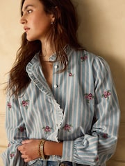 Blue Corduroy Stripe Piecrust Ruffle Floral Embroidered Blouse - Image 1 of 8