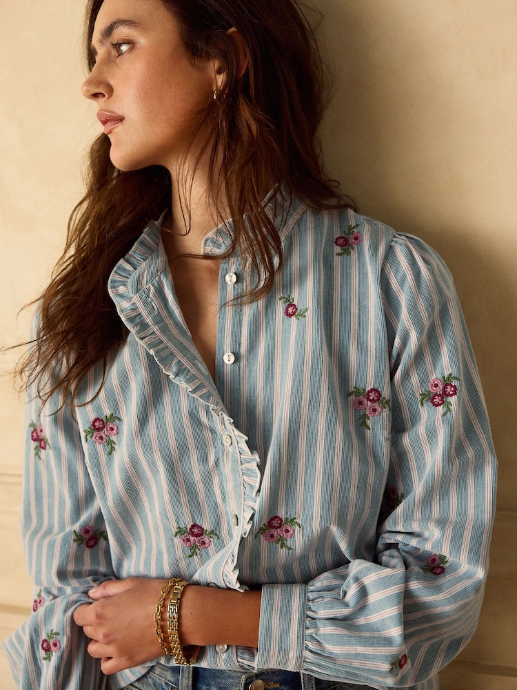 Blue Corduroy Stripe Piecrust Ruffle Floral Embroidered Blouse - Image 1 of 8 Blue Corduroy Stripe Piecrust Ruffle Floral Embroidered Blouse - Image 1 of 8