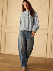 Blue Corduroy Stripe Piecrust Ruffle Floral Embroidered Blouse - Image 2 of 8