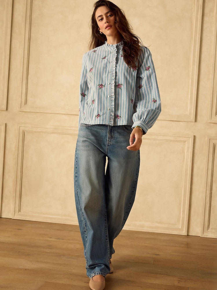 Blue Corduroy Stripe Piecrust Ruffle Floral Embroidered Blouse - Image 2 of 8 Blue Corduroy Stripe Piecrust Ruffle Floral Embroidered Blouse - Image 2 of 8