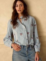 Blue Corduroy Stripe Piecrust Ruffle Floral Embroidered Blouse - Image 3 of 8