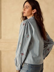 Blue Corduroy Stripe Piecrust Ruffle Floral Embroidered Blouse - Image 4 of 8