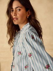 Blue Corduroy Stripe Piecrust Ruffle Floral Embroidered Blouse - Image 5 of 8