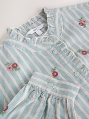 Blue Corduroy Stripe Piecrust Ruffle Floral Embroidered Blouse - Image 8 of 8