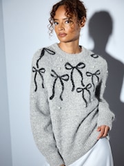 Grey/Black Pearl Bow - كنزة عيد الميلاد بكم طويل - صورة 1 من 7