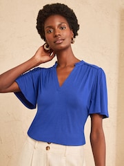 Love & Roses Cobalt Blue Notch Neck Flutter Sleeve T-Shirt - Image 1 of 4