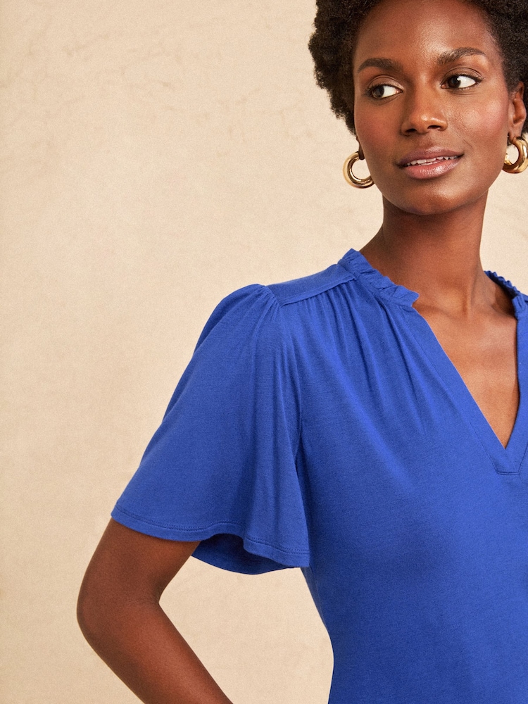 Love & Roses Cobalt Blue Notch Neck Flutter Sleeve T-Shirt - Image 2 of 4