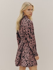 Pink Print Long Sleeve Tie Waist Shirt Dress - Image 2 of 7