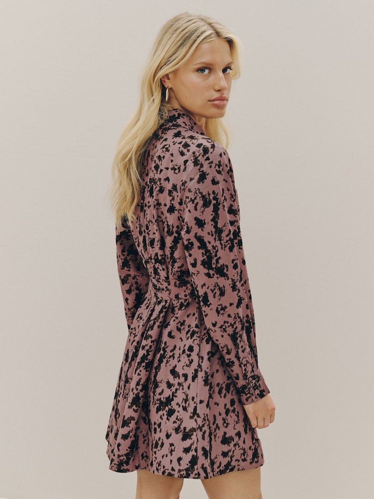 Pink Print Long Sleeve Tie Waist Shirt Dress - Image 2 of 7 Pink Print Long Sleeve Tie Waist Shirt Dress - Image 2 of 7