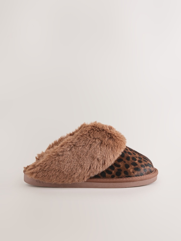 Animal/Brown Faux Fur Lined Suede Mule Slippers - Image 2 of 6 Animal/Brown Faux Fur Lined Suede Mule Slippers - Image 2 of 6